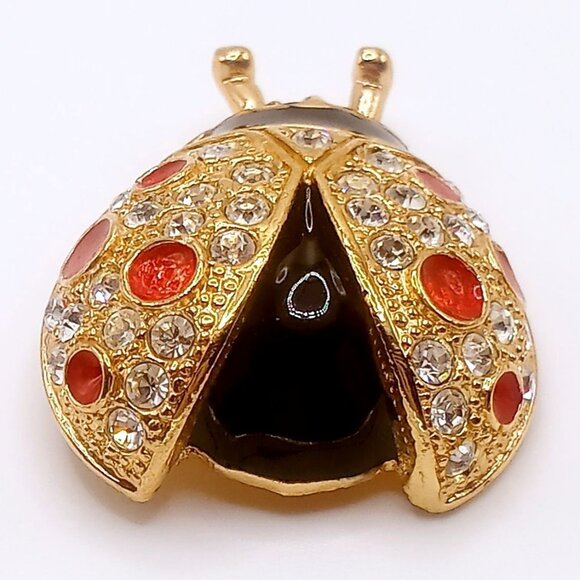 Roman Ladybug Brooch Gold Tone Black Red Enamel White Rhinestone Lapel Pin VTG - Picture 3 of 11